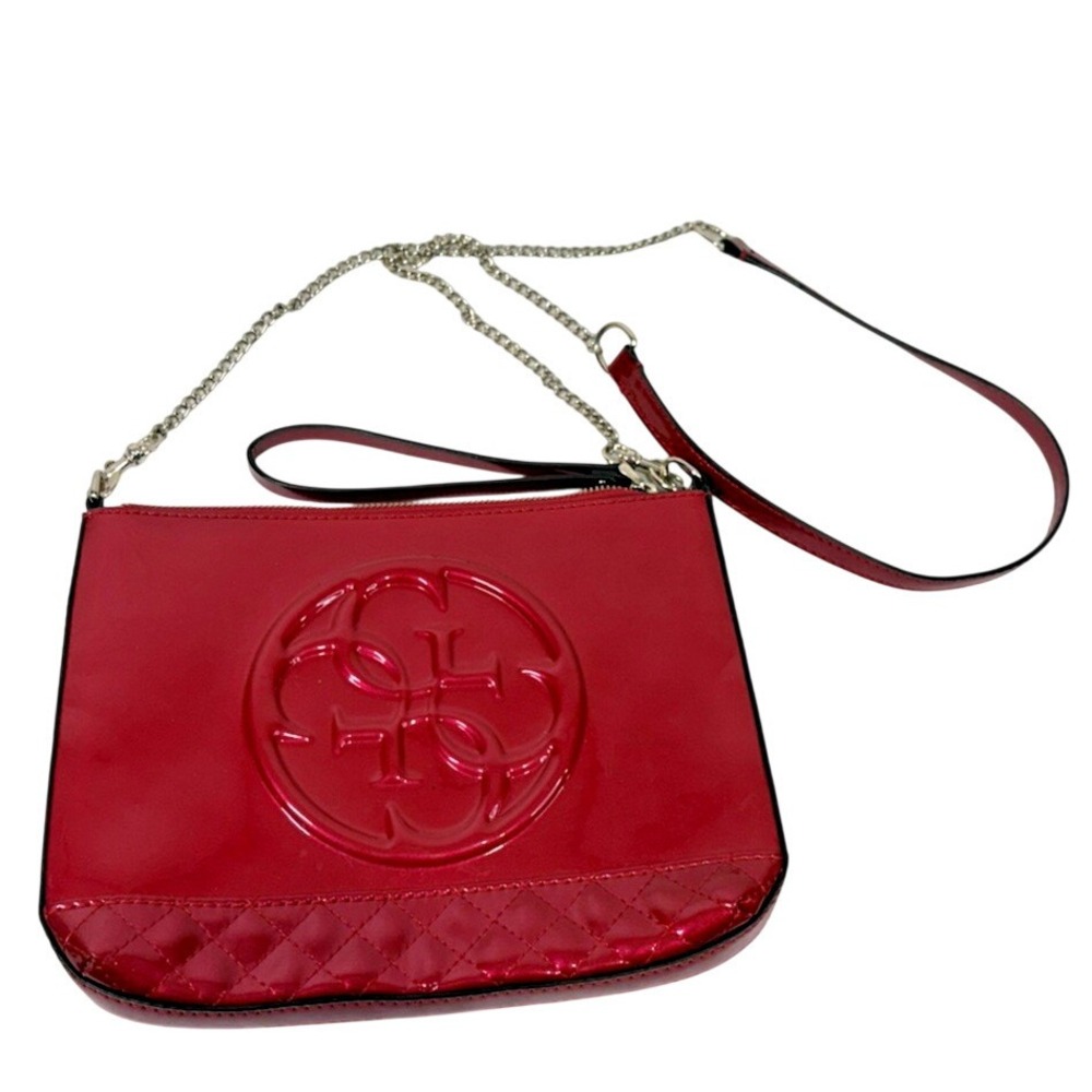 Guess Red Patent Quilted Crossbody Bag Logo Embossed Chain Strap Purse Chain